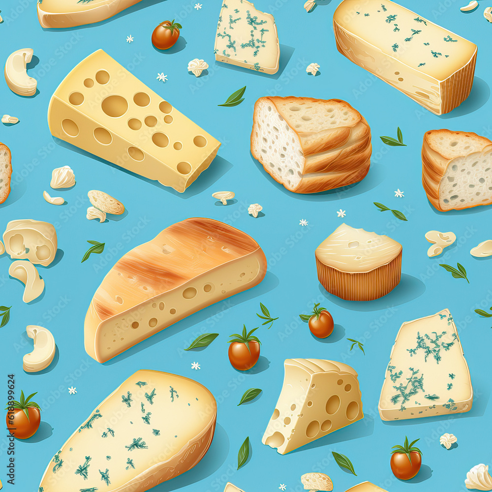 Home food table set beautiful cartoon tasty repeat pattern, bread, cheese, dishes Home food table set beautiful cartoon tasty repeat pattern, bread, cheese, dishes