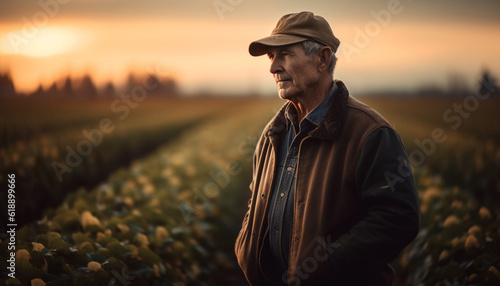 Senior farmer smiling in tranquil autumn sunset generated by AI