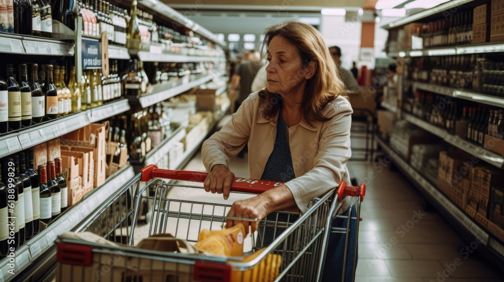 Mature depressed woman buying some bottles of wine in the supermercat. Generative AI