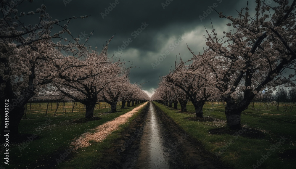 Beauty in nature Cherry blossom orchard at dusk generated by AI Beauty in nature Cherry blossom orchard at dusk generated by AI