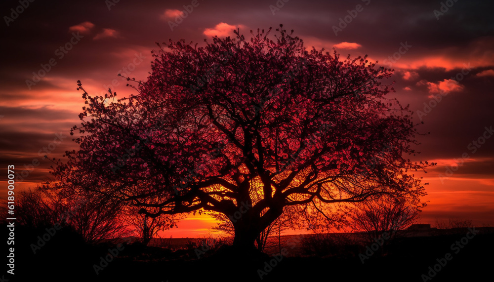 Silhouette tree back lit by dramatic sunset generated by AI