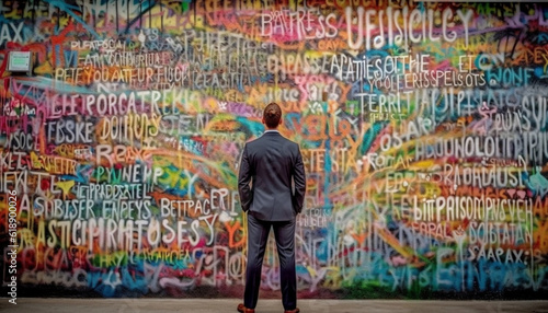 Young businessman walking city street  graffiti ideas generated by AI