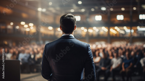 Engaged Audience in a Conference Hall: Captivating Lecture by Male Speaker on Business and Entrepreneurship. Generative AI