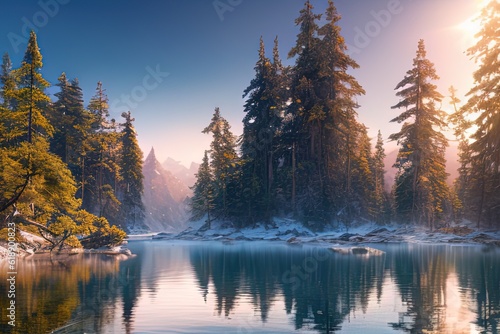 Lake with snow and evergreen trees