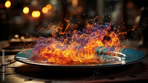 A plate on which a flame burns with different particles Generative AI