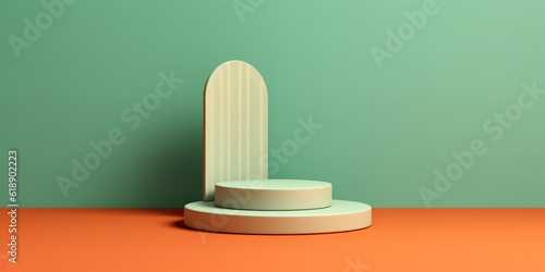 Round podium on on green and orange background. Simple product pedestal, Generative AI.