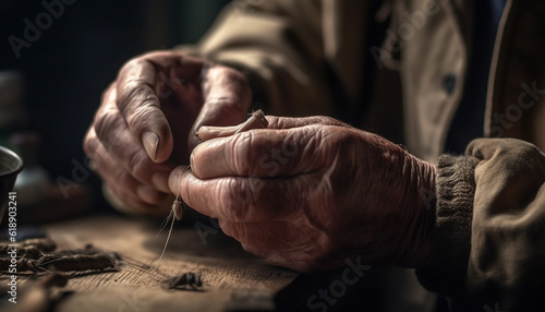 Old man skilled hand crafts homemade leather generated by AI