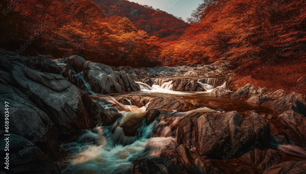 Majestic mountain range, tranquil scene, flowing water generated by AI