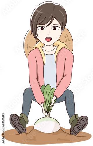 カブを収穫する女性