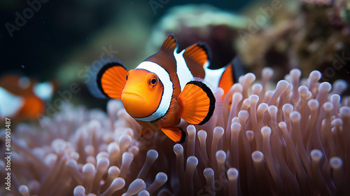 A Portrait of an Clownfish Amidst an Enchanting Coral Reef, Where the Colors of Nature Converge in a Sublime Symphony, Marine Beauty, Embraced by the Breathtaking Underwater Ecosystem generative AI.