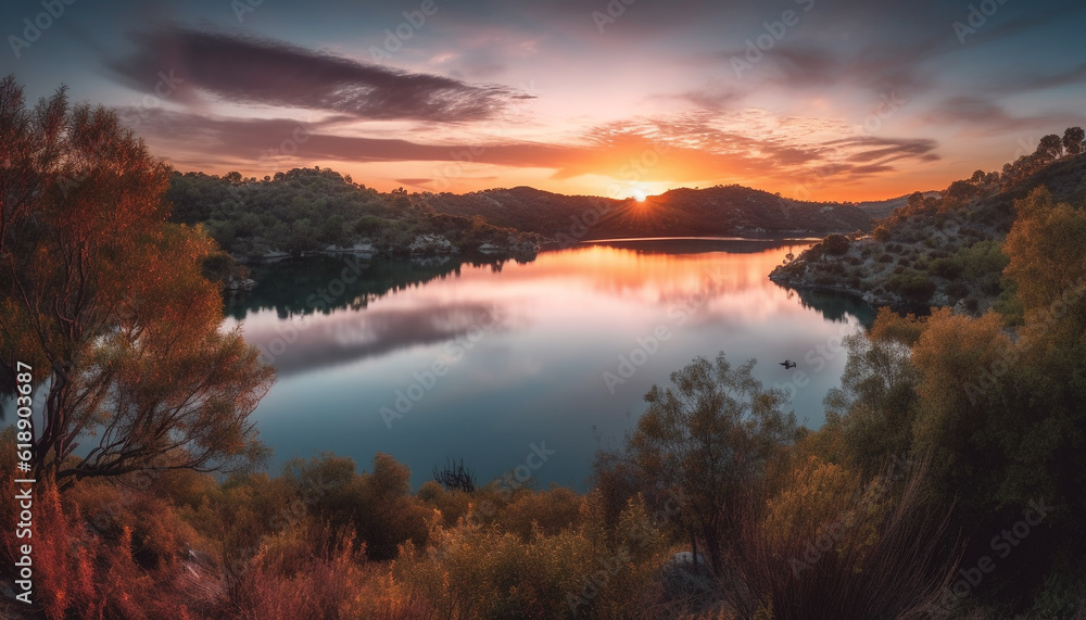 Fototapeta premium Tranquil sunset over mountain range, reflecting beauty generated by AI