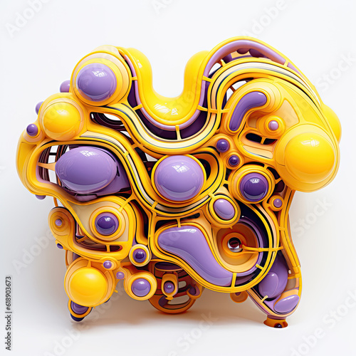 abstract yellow and purple sculpture over white, generative ai