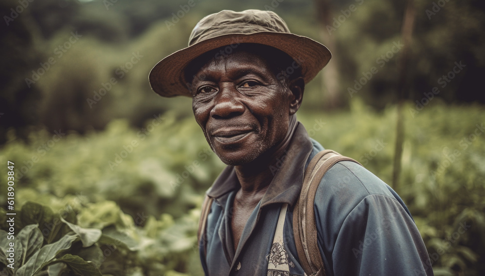 Smiling farmer standing in rural forest environment generated by AI