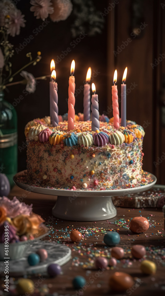 a table birthday cake with candles, food photography, generative ai