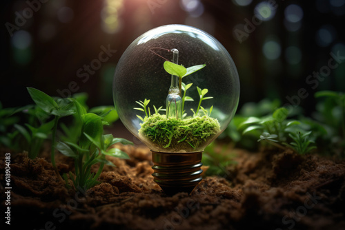 green energy light bulb with a plant growing in and around it, environment, nature, green, planet, generative ai
