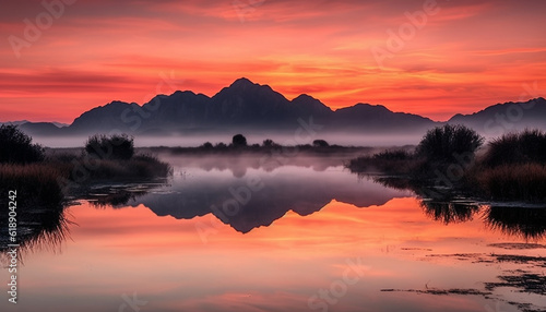 Majestic mountain range reflects tranquil sunset beauty generated by AI
