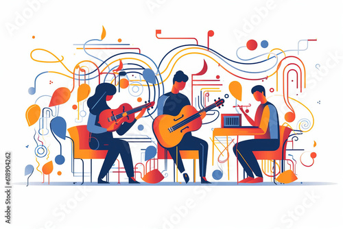 Vector, group, people, music, instruments, band, musicians, playing, performance, concert, guitar, drums, violin, singing, stage, entertainment, harmony, rhythm, melody, energy, passion, talent, sound