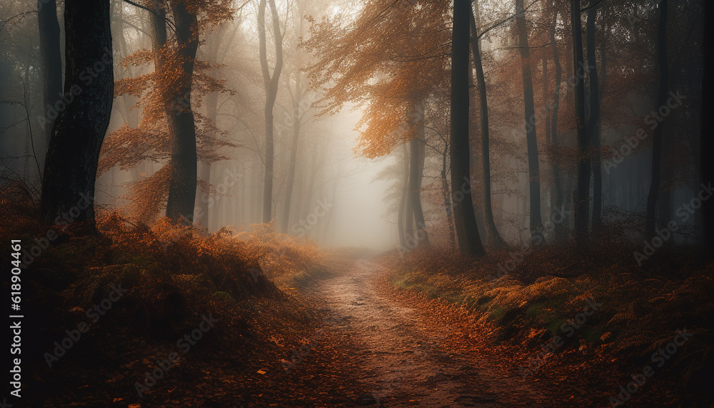 Naklejka premium Autumn fog blankets spooky forest mystery scene generated by AI