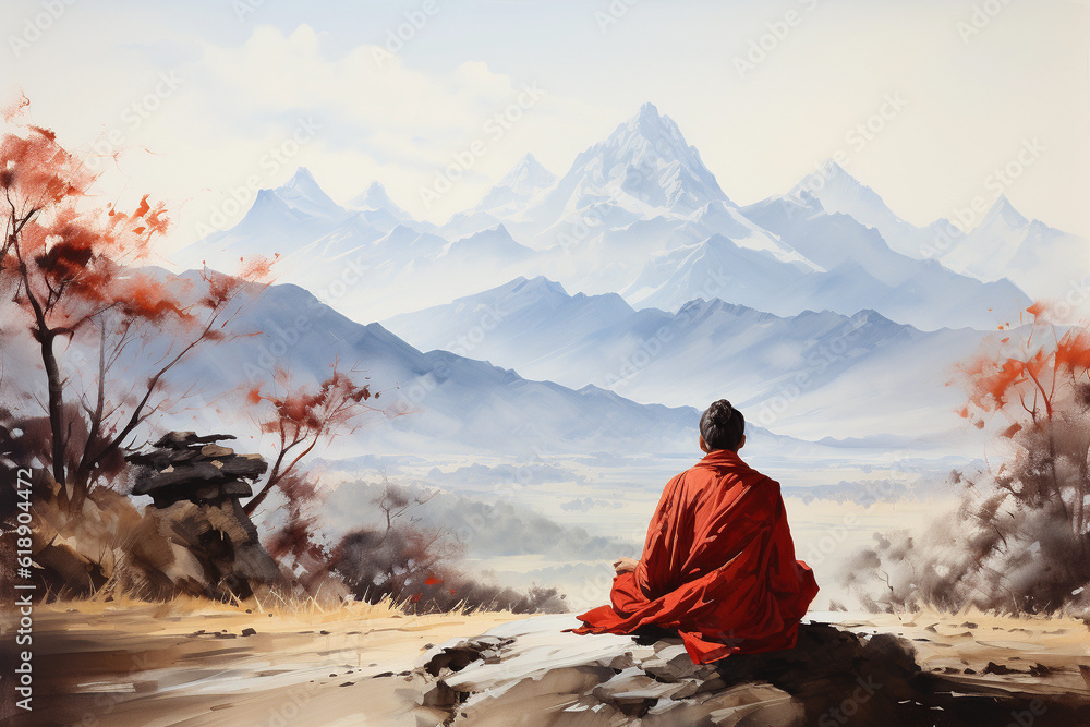 a monk in the mountains meditates with a view of the mountains, watercolor drawing. Generative AI