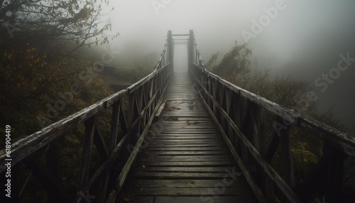 Tranquil footpath vanishing into mysterious foggy forest generated by AI