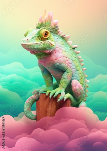 Camouflaged chameleon sitting on tree, pastel colors. Generative Ai. © annamaria