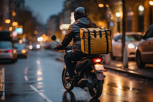 delivery man on a motorcycle with a yellow bag. Generative AI