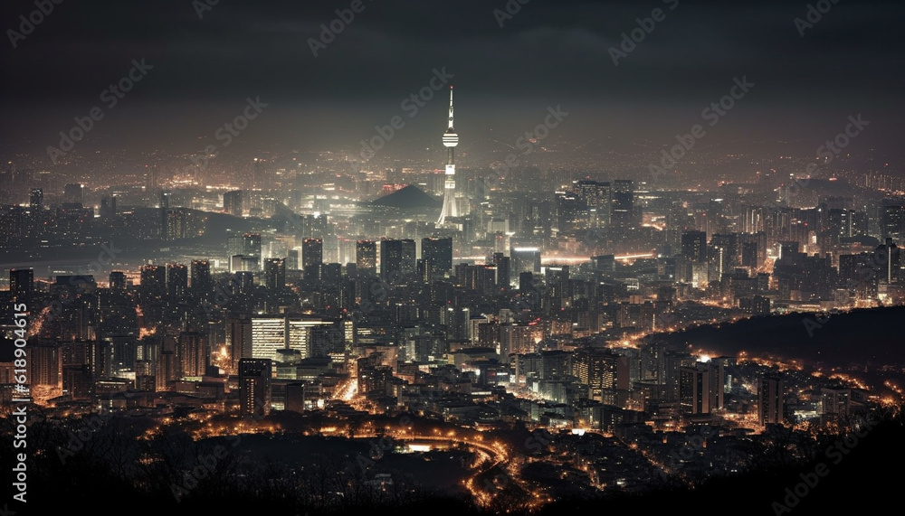 Obraz premium Glowing city skyline at night, reflecting on water generated by AI