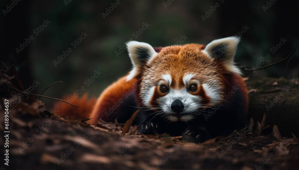 Fluffy red panda sitting on tree branch generated by AI Fluffy red panda sitting on tree branch generated by AI