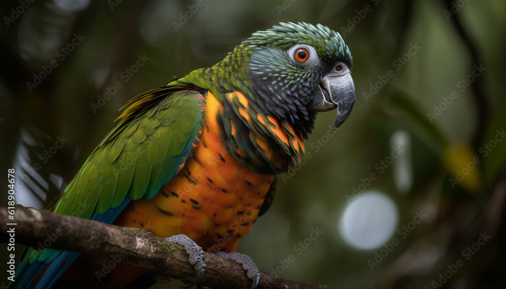 Obraz premium Vibrant macaw perching on branch in rainforest generated by AI