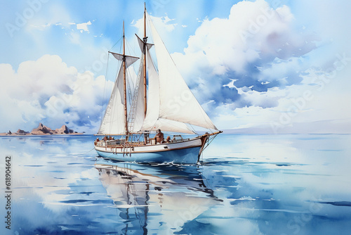 Sailboat Watercolor Pictures landscape. Generative AI