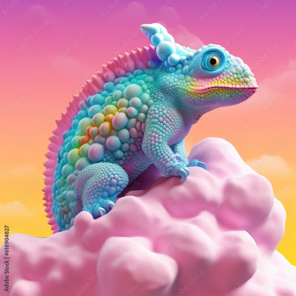 Fototapeta premium Camouflaged chameleon sitting on 3D clouds, pastel colors. Generative Ai.
