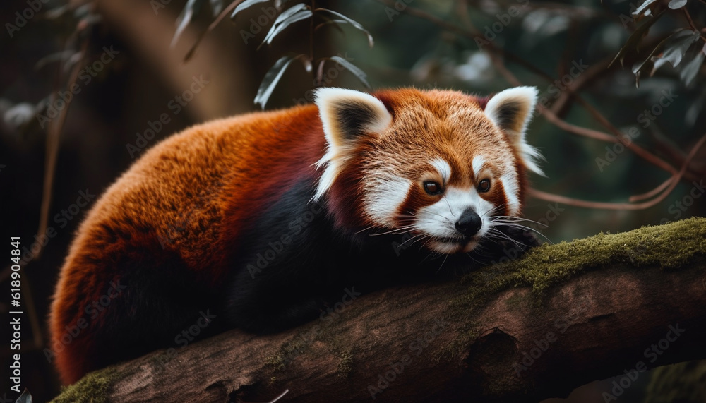 Fototapeta premium Red panda sitting on branch, staring ahead generated by AI