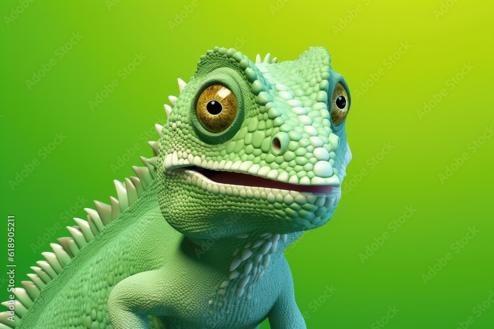 Portrait of smiling chameleon with green background. Generative Ai. Portrait of smiling chameleon with green background. Generative Ai.
