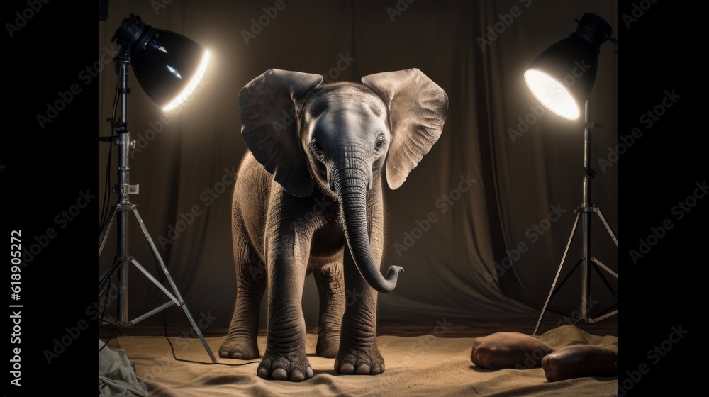 Elephant in a photo studio. Shooting a beautiful elephant for sale in the Emirates. Created in ai.