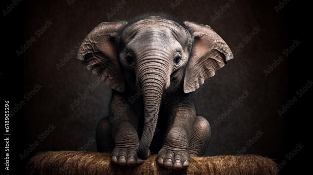 Newborn little elephant in a photo studio, on a dark background. The baby elephant was taken as an expensive exotic gift to a rich family. Elephant at the animal market. Created in ai.