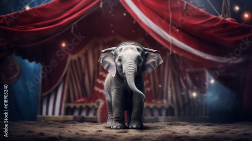 A beautiful little elephant in the circus shows various tricks. Elephant in the circus arena, the majestic giant shows his beauty and power. Created in ai.