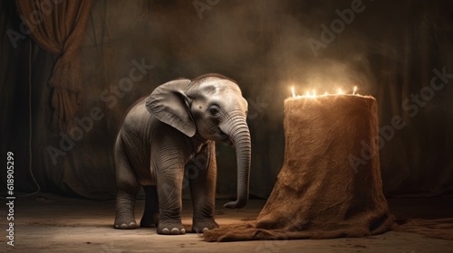 A wise little elephant lights candles in memory of all the elephants exhausted in the circus. In memory of past tortures and tortures. Created in ai.