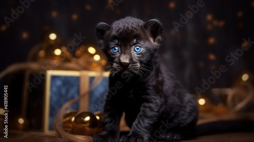 A chic gift for a child, a little black panther or a black tiger cub. Wild kitten, endangered species. Created in ai.