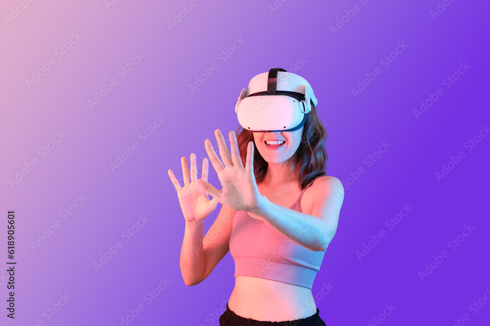 woman on new vr or virtual reality to metaverse and future technology. woman on new vr or virtual reality to metaverse and future technology.