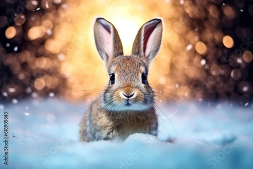A rabbit is sitting in the snow. Generative AI.