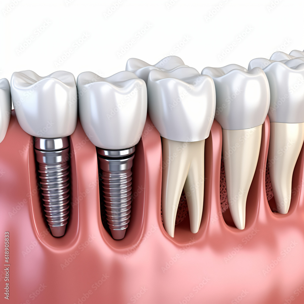 Dental implantation, teeth with implant screw, 3d illustration. Dental implantation, teeth with implant screw, 3d illustration.