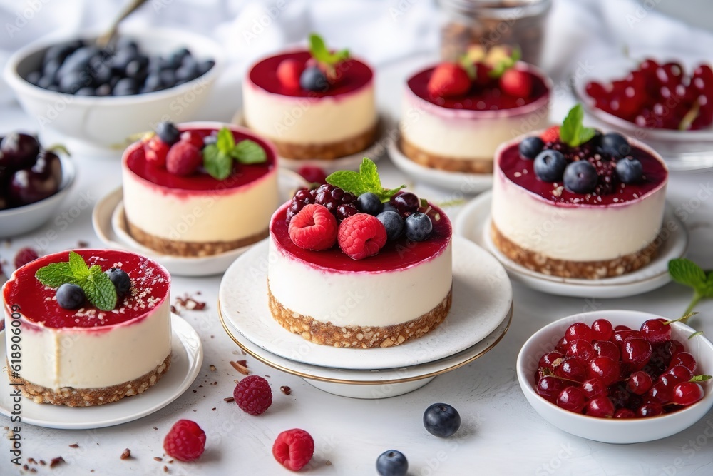 Raw vegan cakes with fruit and seeds, pieces of raw dessert, diet, gluten free, vegetarian food, generative ai. Raw vegan cakes with fruit and seeds, pieces of raw dessert, diet, gluten free, vegetarian food, generative ai.