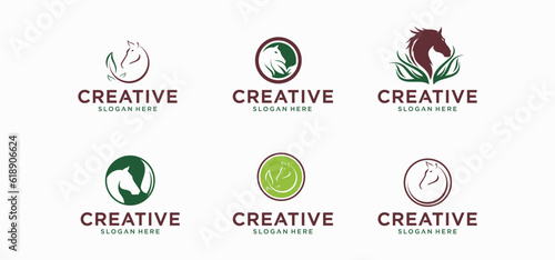 Vector icons and logo horse leaf combination, pet food farm logo