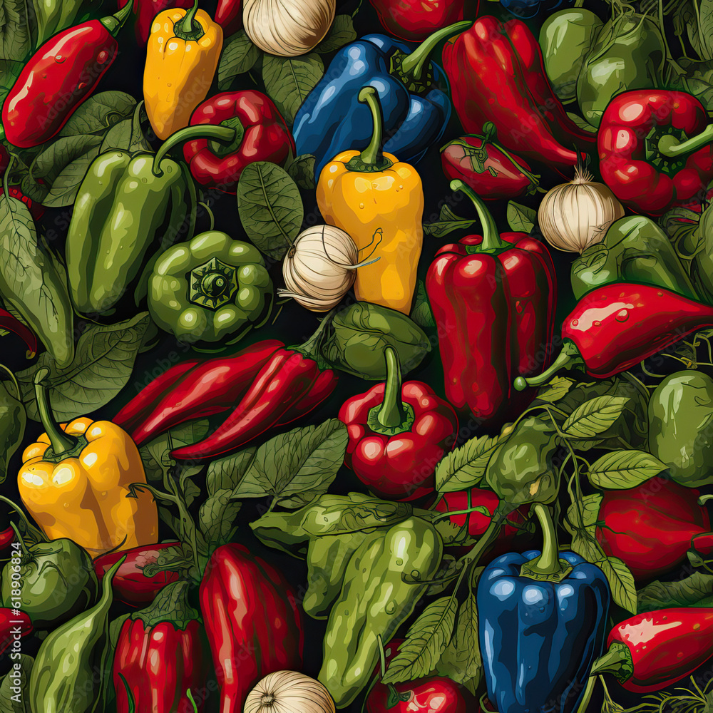 Peppers vegetables variety colorful repeat pattern