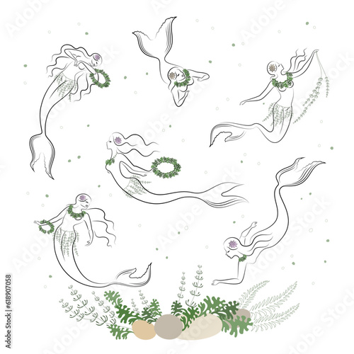 Mermaid silhouette. Beautiful girls swim in the water, dance. The lady is young and slim. Fantastic fairy tale image of algae, plants. vector illustration set.