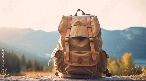 Travel backpack on a minimalistic background. Travel light, hiking Generative AI photo