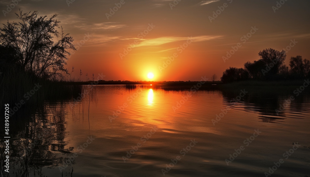 Golden sun sets over tranquil water reflection generated by AI
