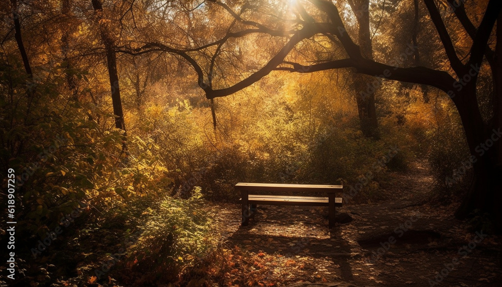 Tranquil autumn forest bench, beauty in nature generated by AI