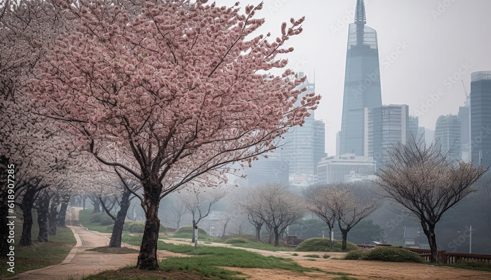 Pink cherry blossoms bloom in urban skyline landscape generated by AI