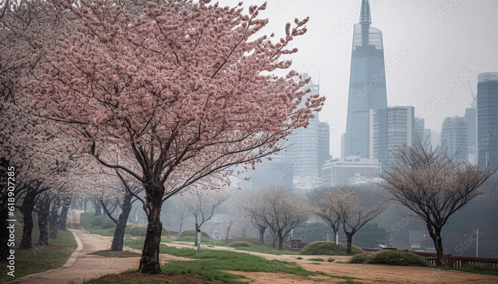 Obraz premium Pink cherry blossoms bloom in urban skyline landscape generated by AI